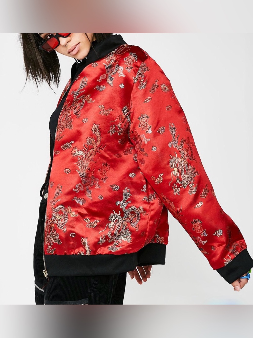 O Mighty Red Satin Dragon Embroidered Bomber Jacket